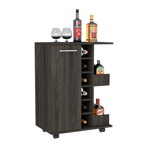 32' H carbon espresso bar-coffee cart, cabinet storage, with 4 wheels, 1 divided storage with 1 shelf, 1 folding door, a central vertical division for 6 bottles and 2 side shelves with aluminum front Default -DTYStore