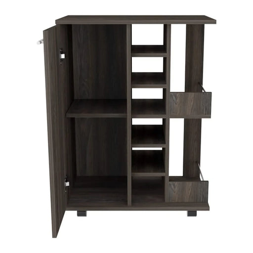 32' H carbon espresso bar-coffee cart, cabinet storage, with 4 wheels, 1 divided storage with 1 shelf, 1 folding door, a central vertical division for 6 bottles and 2 side shelves with aluminum front Default -DTYStore