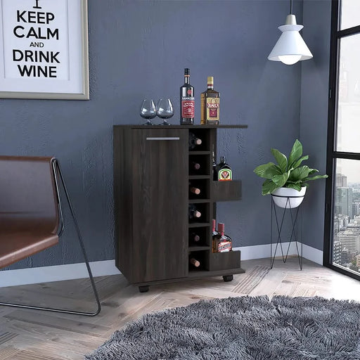 32' H carbon espresso bar-coffee cart, cabinet storage, with 4 wheels, 1 divided storage with 1 shelf, 1 folding door, a central vertical division for 6 bottles and 2 side shelves with aluminum front Default -DTYStore