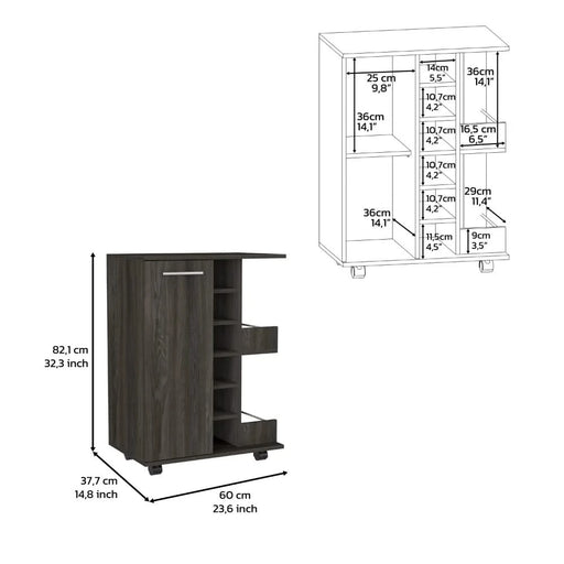 32' H carbon espresso bar-coffee cart, cabinet storage, with 4 wheels, 1 divided storage with 1 shelf, 1 folding door, a central vertical division for 6 bottles and 2 side shelves with aluminum front Default -DTYStore