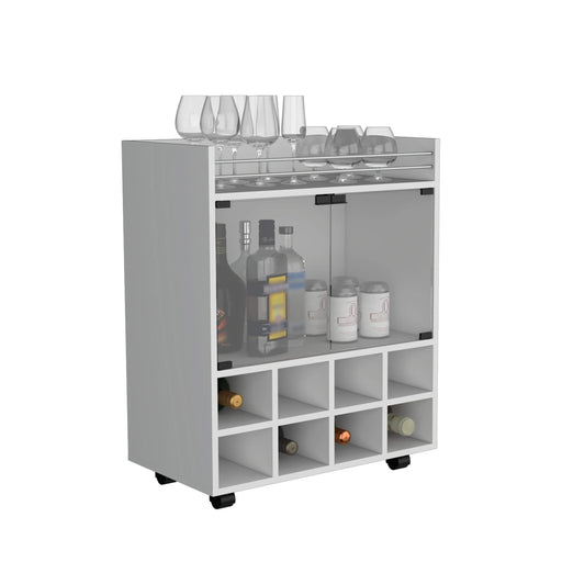 32' H white bar- coffee cart, Kitchen or living room cabinet storage with 4 wheels, with 8 bottle racks, a central shelf covered by 1 glass door, ideal for storing glasses and snacks Default -DTYStore