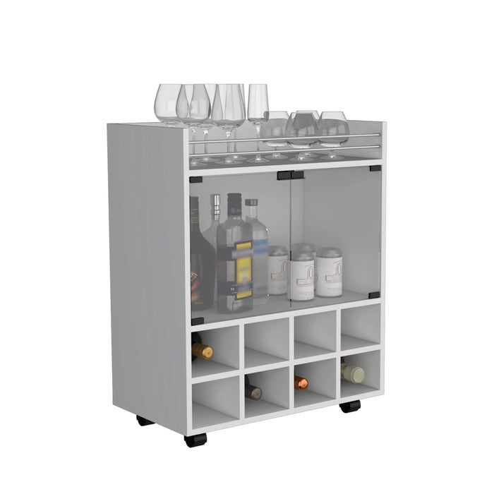 32' H white bar- coffee cart, Kitchen or living room cabinet storage with 4 wheels, with 8 bottle racks, a central shelf covered by 1 glass door, ideal for storing glasses and snacks Default -DTYStore