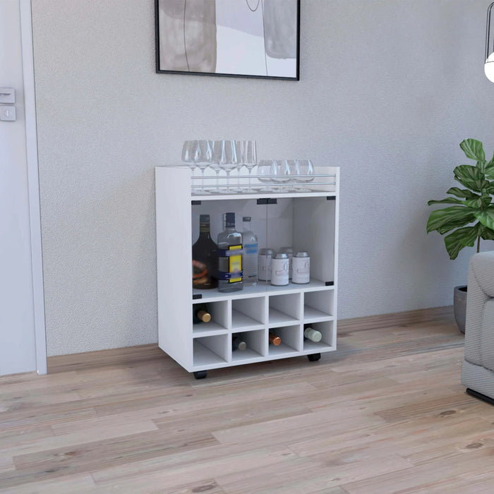 32' H white bar- coffee cart, Kitchen or living room cabinet storage with 4 wheels, with 8 bottle racks, a central shelf covered by 1 glass door, ideal for storing glasses and snacks Default -DTYStore