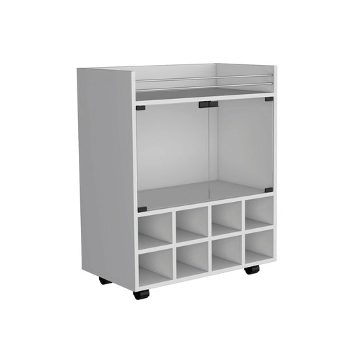 32' H white bar- coffee cart, Kitchen or living room cabinet storage with 4 wheels, with 8 bottle racks, a central shelf covered by 1 glass door, ideal for storing glasses and snacks Default -DTYStore