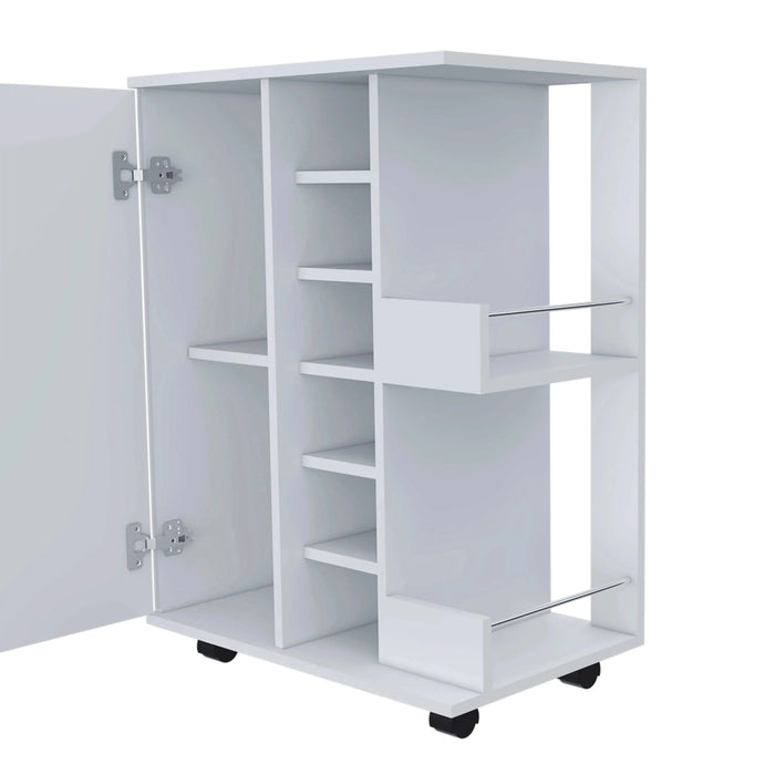 32' H white bar-coffee cart, cabinet storage, with 4 wheels, 1 divided storage with 1 shelf, 1 folding door, a central vertical division for 6 bottles and 2 side shelves with aluminum front Default -DTYStore