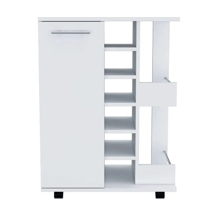 32' H white bar-coffee cart, cabinet storage, with 4 wheels, 1 divided storage with 1 shelf, 1 folding door, a central vertical division for 6 bottles and 2 side shelves with aluminum front Default -DTYStore