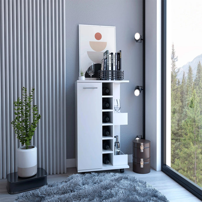 32' H white bar-coffee cart, cabinet storage, with 4 wheels, 1 divided storage with 1 shelf, 1 folding door, a central vertical division for 6 bottles and 2 side shelves with aluminum front Default -DTYStore