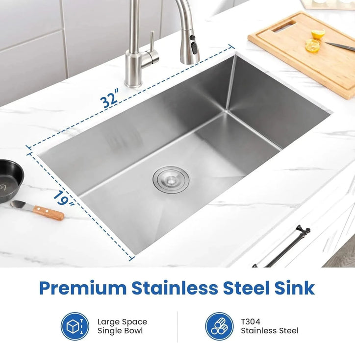 32' L X 19' W Undermount Single Bowl 18 Gauge 304 Stainless Steel Kitchen Sink (Sink Only) Default -DTYStore
