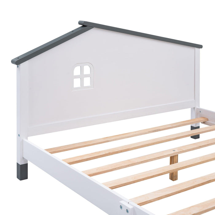 Full Size Wood Platform Bed with House-shaped Headboard (White+Gray) - DTYStore