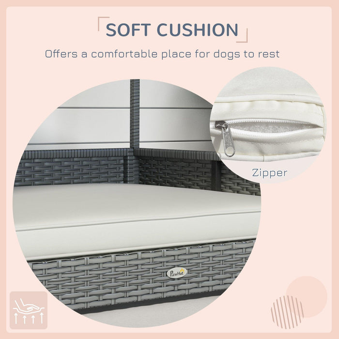 Wicker Dog House Outdoor with Canopy, Rattan Dog Bed with Water-resistant Cushion, for Small and Medium Dogs, Cream White - DTYStore