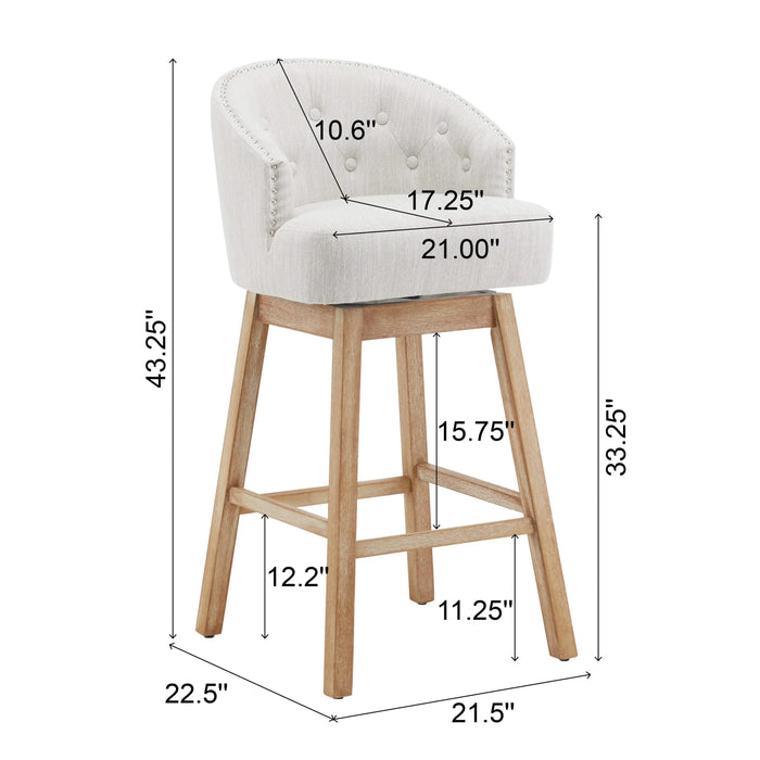 33.25' Swivel Counter Stools Set of 2, Upholstered Counter Height Bar Stools with Solid Rubber Wood Frame, Backrest, Footrest, Armless Barstools for Home Bar, Kitchen Counter, Natural + Beige Default -DTYStore
