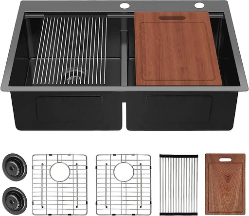 33 Inch Gunmetal Black Topmount Workstation Kitchen Sink 16 Gauge 304 Stainless Steel Double Bowl Sink Default -DTYStore