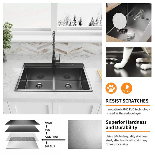 33 Inch Gunmetal Black Topmount Workstation Kitchen Sink 16 Gauge 304 Stainless Steel Double Bowl Sink Default -DTYStore