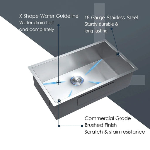 33 Inch Undermount Sink - 33' x 19' x 9' Undermount Stainless Steel Kitchen Sink 16 Gauge 9 Inch Deep Single Bowl Kitchen Sink Basin, Includes Drain Assembly (No Additional Accessories) Default -DTYStore