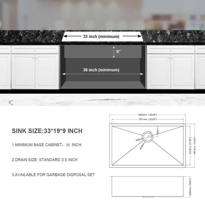 33 Inch Undermount Sink - 33' x 19' x 9' Undermount Stainless Steel Kitchen Sink 16 Gauge 9 Inch Deep Single Bowl Kitchen Sink Basin, Includes Drain Assembly (No Additional Accessories) - DTY Store