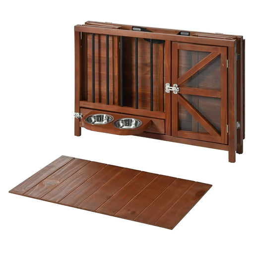 33' Solid Wood Dog Crate Furniture, Foldable Indoor Kennel with 360° Rotating Feeder Multi-Functional End Table for Small & Medium Dogs, Portable Pet Cage with Removable Tray & Easy Assembly Default -DTYStore