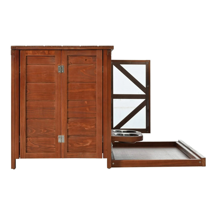 33' Solid Wood Dog Crate Furniture, Foldable Indoor Kennel with 360° Rotating Feeder Multi-Functional End Table for Small & Medium Dogs, Portable Pet Cage with Removable Tray & Easy Assembly Default -DTYStore