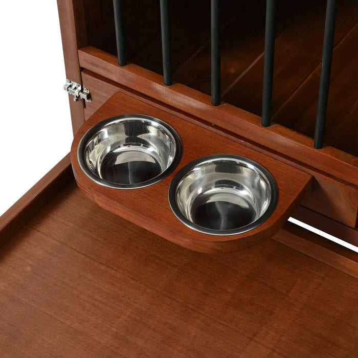 33' Solid Wood Dog Crate Furniture, Foldable Indoor Kennel with 360° Rotating Feeder Multi-Functional End Table for Small & Medium Dogs, Portable Pet Cage with Removable Tray & Easy Assembly Default -DTYStore