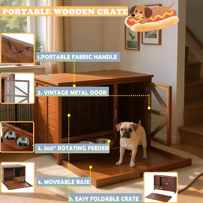 33' Solid Wood Dog Crate Furniture, Foldable Indoor Kennel with 360° Rotating Feeder Multi-Functional End Table for Small & Medium Dogs, Portable Pet Cage with Removable Tray & Easy Assembly Default -DTYStore