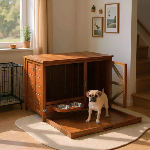 33' Solid Wood Dog Crate Furniture, Foldable Indoor Kennel with 360° Rotating Feeder Multi-Functional End Table for Small & Medium Dogs, Portable Pet Cage with Removable Tray & Easy Assembly Default -DTYStore