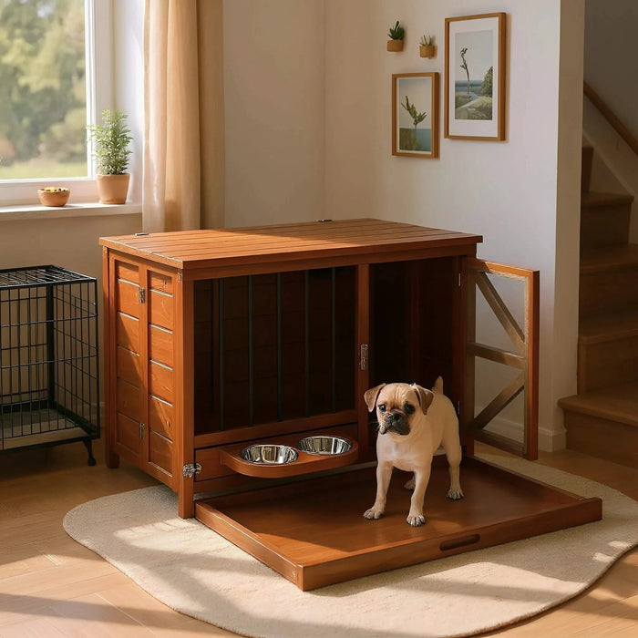 33' Solid Wood Dog Crate Furniture, Foldable Indoor Kennel with 360° Rotating Feeder Multi-Functional End Table for Small & Medium Dogs, Portable Pet Cage with Removable Tray & Easy Assembly Default -DTYStore