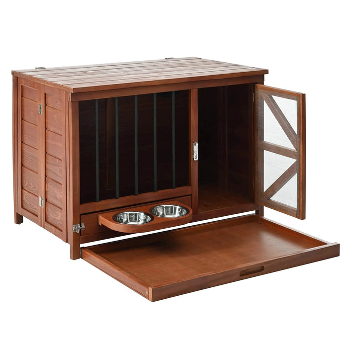 33' Solid Wood Dog Crate Furniture, Foldable Indoor Kennel with 360° Rotating Feeder Multi-Functional End Table for Small & Medium Dogs, Portable Pet Cage with Removable Tray & Easy Assembly Default -DTYStore