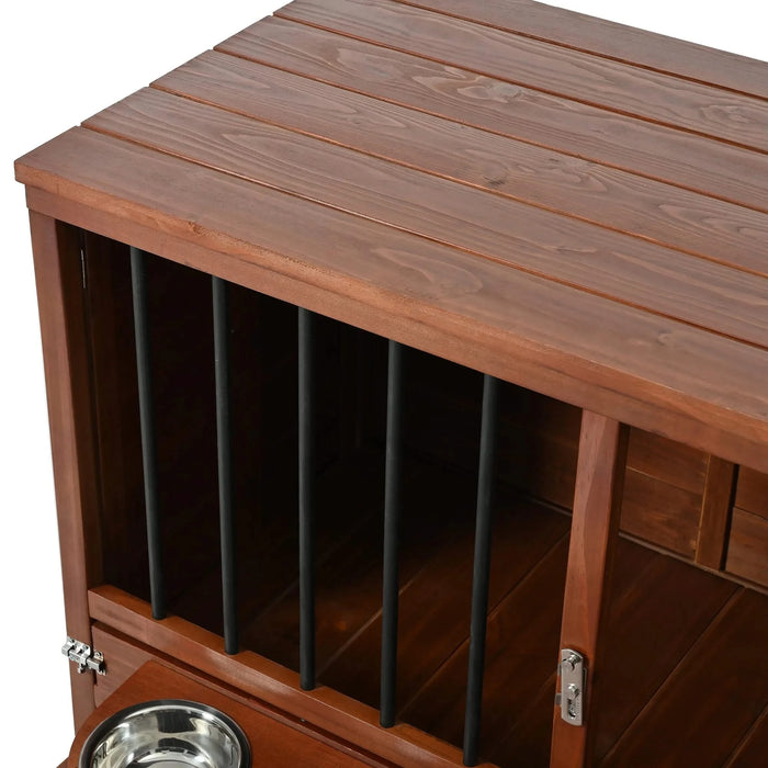 33' Solid Wood Dog Crate Furniture, Foldable Indoor Kennel with 360° Rotating Feeder Multi-Functional End Table for Small & Medium Dogs, Portable Pet Cage with Removable Tray & Easy Assembly Default -DTYStore