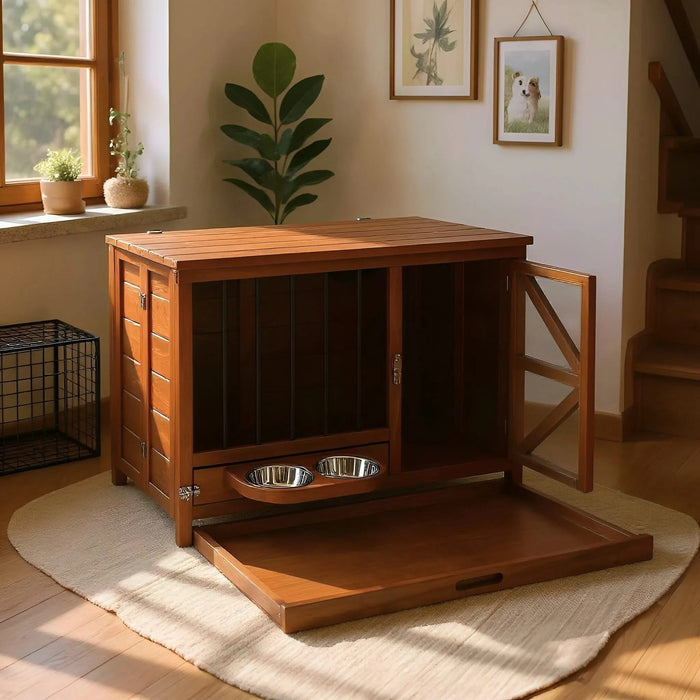 33' Solid Wood Dog Crate Furniture, Foldable Indoor Kennel with 360° Rotating Feeder Multi-Functional End Table for Small & Medium Dogs, Portable Pet Cage with Removable Tray & Easy Assembly Default -DTYStore