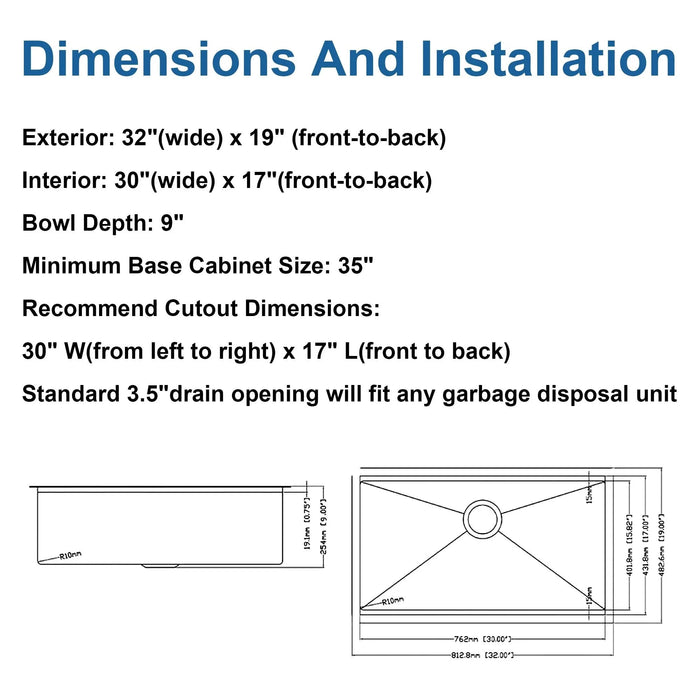 33 Undermount Workstation Sink-33 x 19 Inch Undermount Stainless Steel Kitchen Sink 18 Gauge, Handmade R10 Radius 10 Inch Deep Undermount Single Bowl Sink with Accessories Default -DTYStore