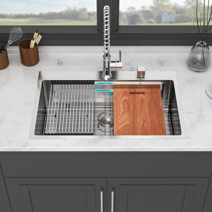 33 x 22 Inches Brushed Nickel 33' Drop-in Kitchen Sink - Single Bowl 16 Gauge Stainless Steel Ledge Workstation Default -DTYStore