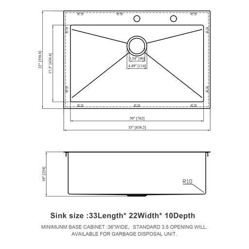 33 x 22 Inches Brushed Nickel Kitchen Sink Drop-In 16 Gauge Stainless Steel Single Bowl Topmount Default -DTYStore