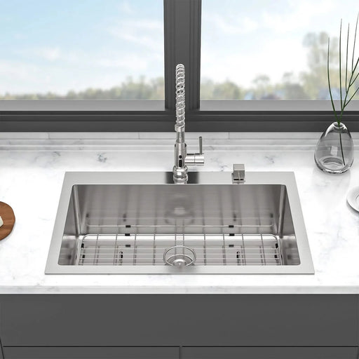 33 x 22 Inches Brushed Nickel Kitchen Sink Drop-In 16 Gauge Stainless Steel Single Bowl Topmount Default -DTYStore