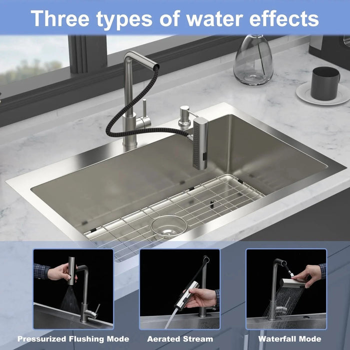 33 x 22 inch Stainless Steel 33' Drop-in Kitchen Sink with Pull-Down Faucet and Soap Dispenser, Brushed Nickel Finish - DTY Store