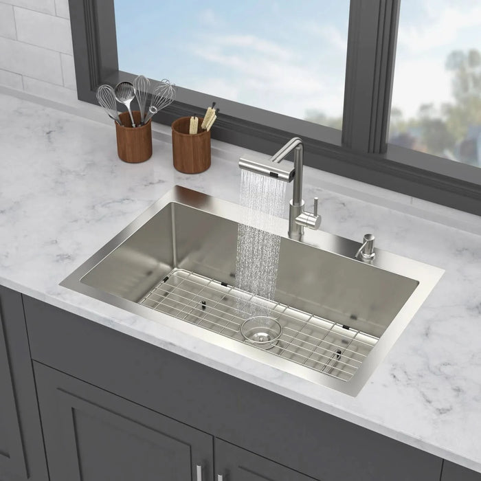 33 x 22 inch Stainless Steel 33' Drop-in Kitchen Sink with Pull-Down Faucet and Soap Dispenser, Brushed Nickel Finish - DTY Store