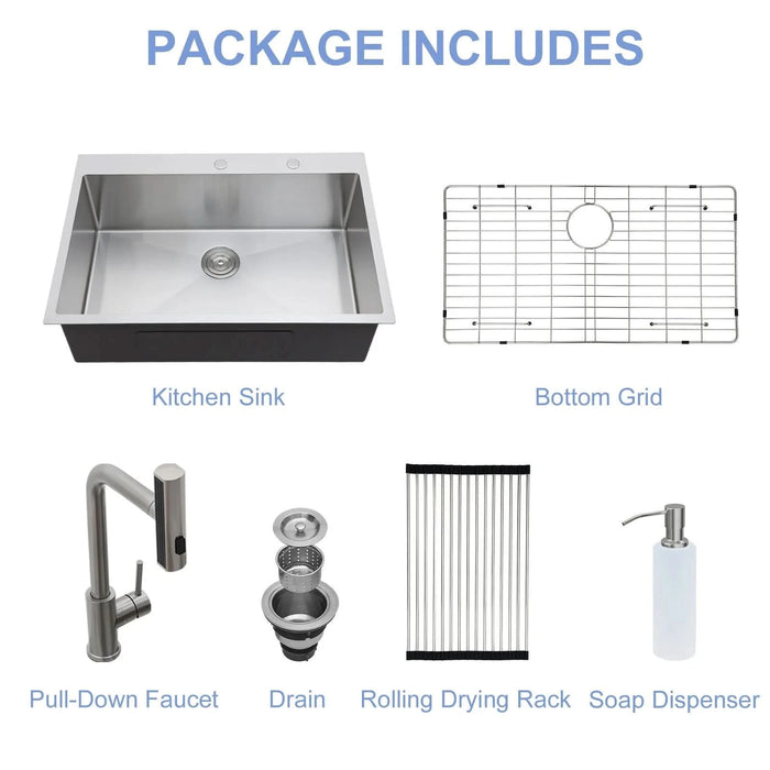 33 x 22 inch Stainless Steel 33' Drop-in Kitchen Sink with Pull-Down Faucet and Soap Dispenser, Brushed Nickel Finish - DTY Store