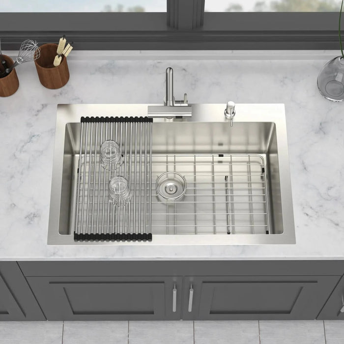 33 x 22 inch Stainless Steel 33' Drop-in Kitchen Sink with Pull-Down Faucet and Soap Dispenser, Brushed Nickel Finish - DTY Store