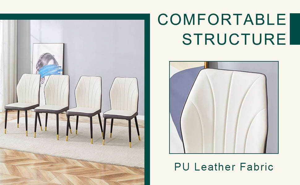 Table and chair set.A 42 Inch Diameter Round Tempered Glass Pandora marble patterned Dining Table - V-Shaped MDF Legs.Paired With 4 White and dark gray spliced PU Chairs.