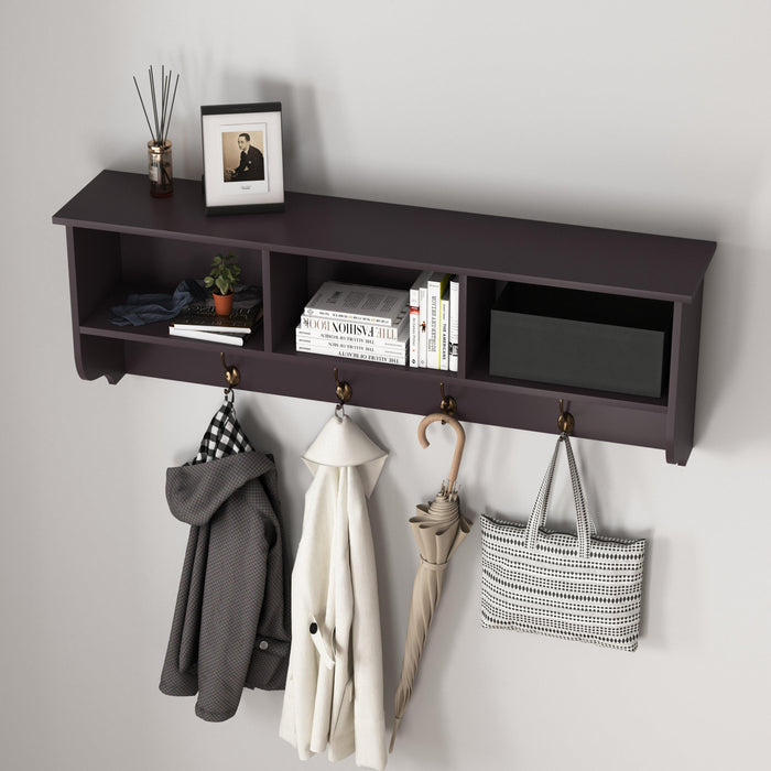 Espresso Entryway Wall Mounted Coat Rack with 4 Dual Hooks Living Room Wooden Storage Shelf - DTYStore