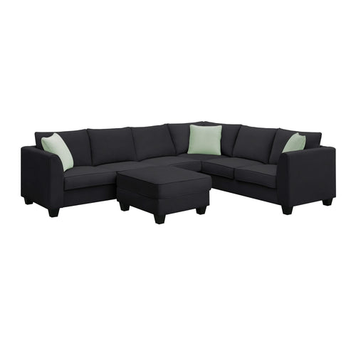 Modern Black L Shape Fabric Sectional Sofa with Ottoman and Pillows, 112*87 Inches, 7 Seats - Image 14