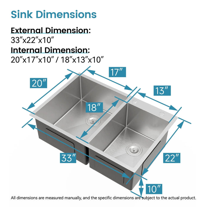 33'x19' Embedded Double Bowl Kitchen Sink, Overmount Handmade Sink in Brushed (Sink only) - DTY Store