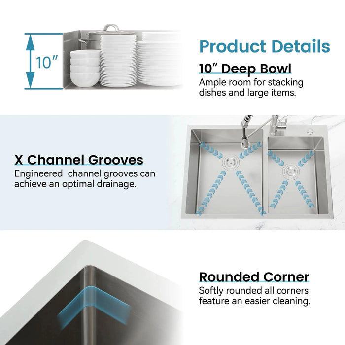 33'x19' Embedded Double Bowl Kitchen Sink, Overmount Handmade Sink in Brushed (Sink only)- DTY Store