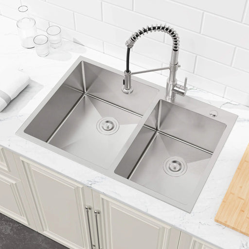 33'x19' Embedded Double Bowl Kitchen Sink, Overmount Handmade Sink in Brushed (Sink only) Default -DTYStore