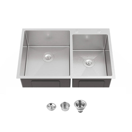 33'x19' Embedded Double Bowl Kitchen Sink, Overmount Handmade Sink in Brushed (Sink only) Default -DTYStore