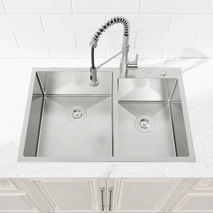 33'x19' Embedded Double Bowl Kitchen Sink, Overmount Handmade Sink in Brushed (Sink only) - DTY Store