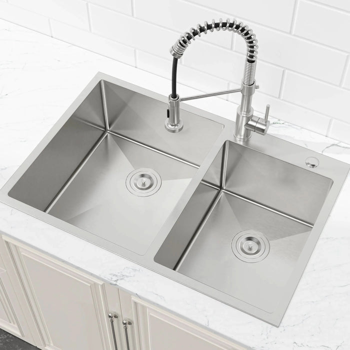 33'x19' Embedded Double Bowl Kitchen Sink, Overmount Handmade Sink in Brushed (Sink only)- DTY Store