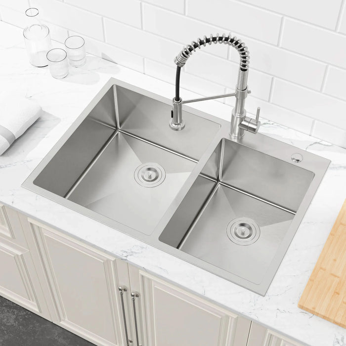 33'x19' Embedded Double Bowl Kitchen Sink, Overmount Handmade Sink in Brushed (Sink only) - DTY Store