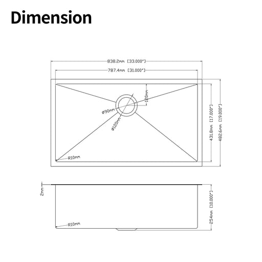 33x19x10'Undermount Single Bowl Stainless Steel Kitchen Sink Default -DTYStore