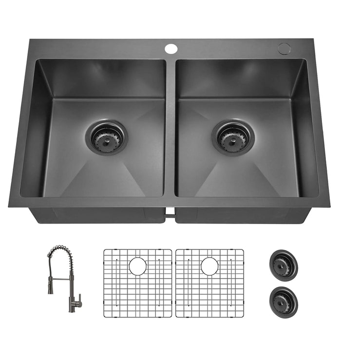33x22Inch Double Bowl Topmount Gunmetal Black Kitchen Sink 18Gauge Stainless Steel With Black Spring Neck Faucet Default -DTYStore