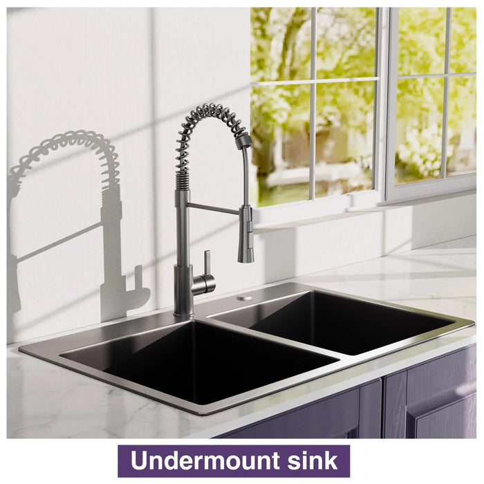33x22Inch Double Bowl Topmount Gunmetal Black Kitchen Sink 18Gauge Stainless Steel With Black Spring Neck Faucet Default -DTYStore