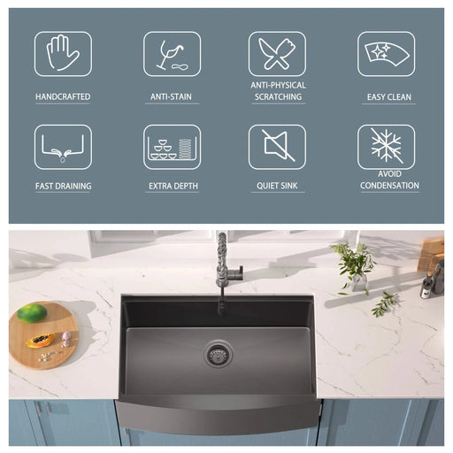 33x22 Inch Farmhouse Workstation Gunmetal Black All In One Kitchen Sink 18 Gauge Stainless Steel Single Bowl Sink With Faucet Default -DTYStore